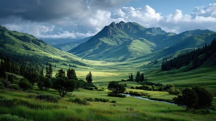 Obraz premium Lush Green Mountain Valley Landscape with Dramatic Clouds and Stream