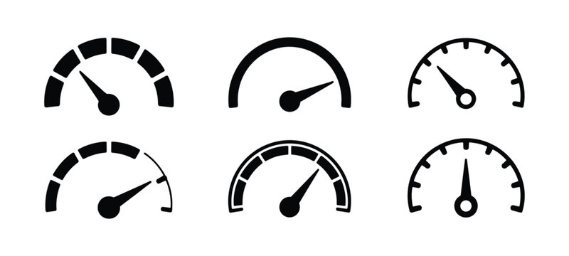 Six Speedometer Gauges With Different Needle Positions On White Keywords: speedometer, gauge, meter, speed, indicator, dial