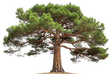 Majestic green pine tree in wide open landscape with bright sky and expansive branches visible
