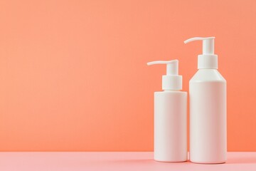 Fototapeta na wymiar Blank plastic pump bottles for cosmetic lotion and moisturizer on peach background, modern skin care and hygiene product packaging concept.