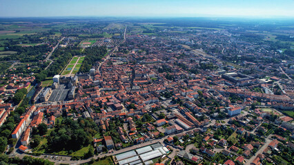 An aerial panorama view around the old town in the city Lunéville in France on a sunny afternoon in early spring