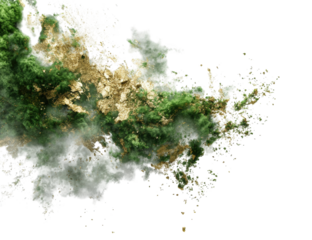 A stylized aerial view of a mountainous island shrouded in mist