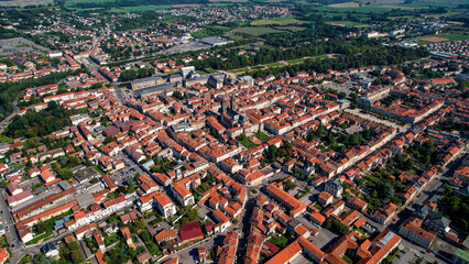 An aerial panorama view around the old town in the city Lunéville in France on a sunny afternoon in early spring