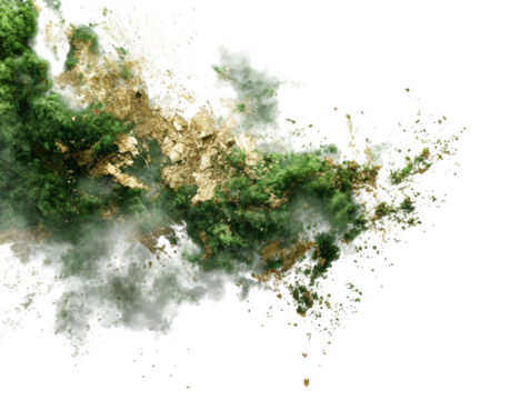 A stylized aerial view of a mountainous island shrouded in mist