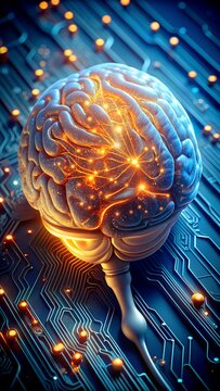 Stylized human brain with glowing connections on a digital circuit board background, representing artificial intelligence and neural networks