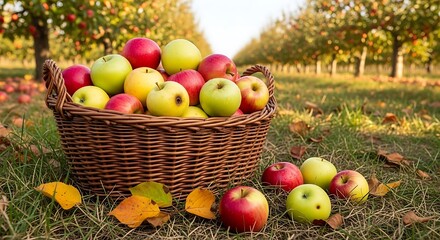 Harvest of ripe apples in a basket in an autumn orchard with falling leaves