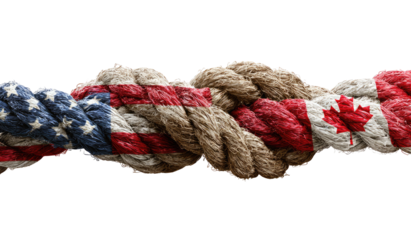 Intertwined ropes, each bearing the flags of the USA and Canada, forming a complex knot