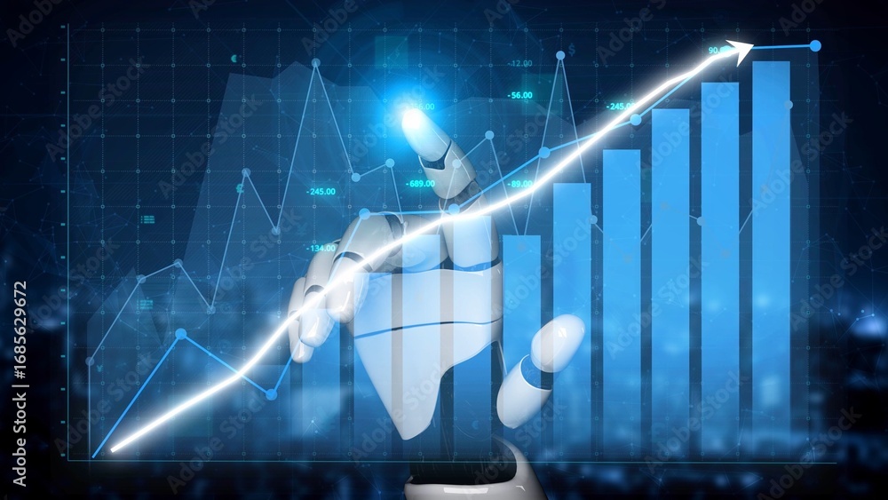 Poster a futuristic robotic hand interacts with a glowing financial chart, representing data growth and mod