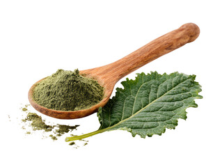 Wooden spoon filled with green powder, next to fresh leaves