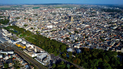 An aerial panorama view around the old town in the city Reims in France on a sunny afternoon in early spring