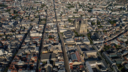 An aerial panorama view around the old town in the city Reims in France on a sunny afternoon in early spring