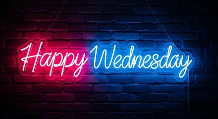 "Happy Wednesday" neon sign displayed against a dark brick wall, illuminated with red and blue light.