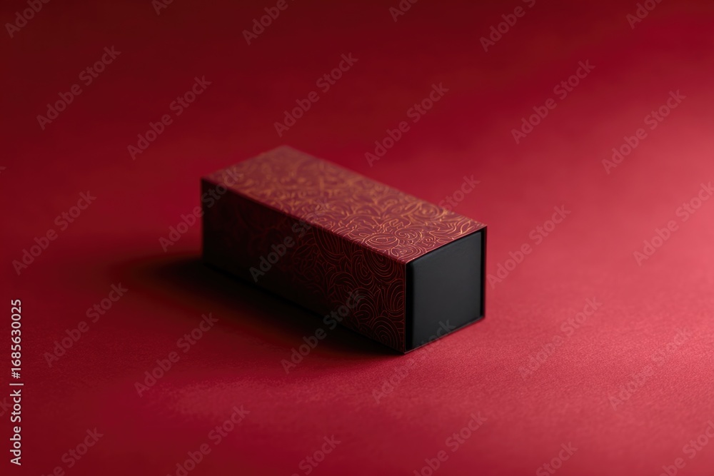 Poster sleek rectangular box with textured surface contrasts against vibrant red backdrop