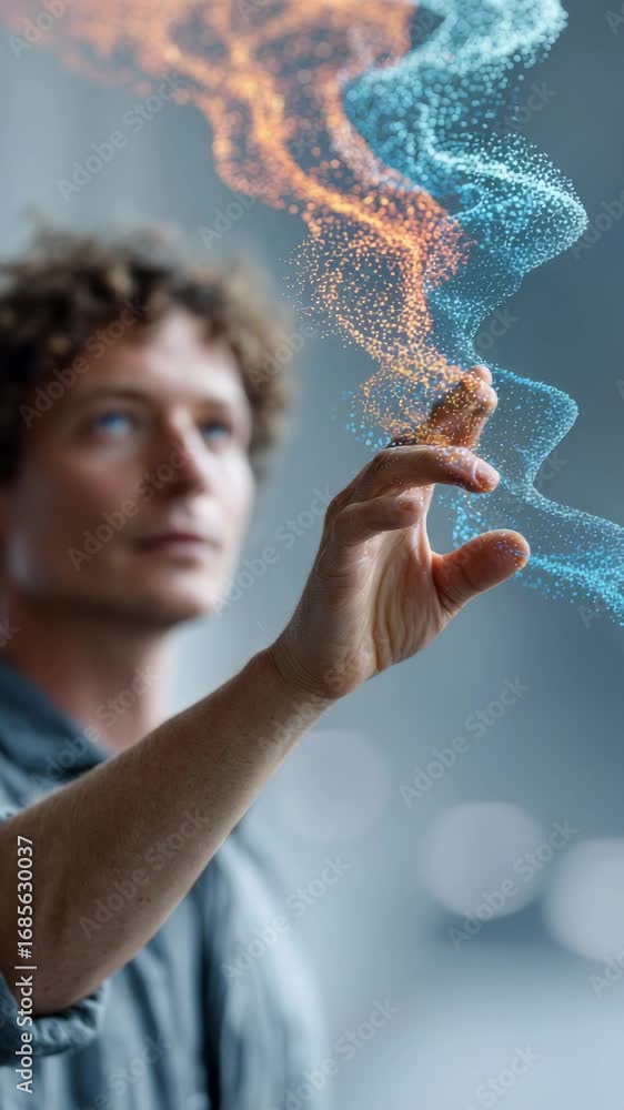 Poster young man, likely a software engineer, interacts with a complex, swirling, particle based interface,