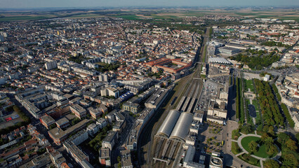 An aerial panorama view around the old town in the city Reims in France on a sunny afternoon in early spring