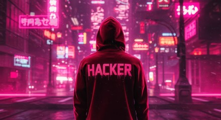 Cyberpunk Enigma: A hooded figure stands in a neon-lit urban landscape, the word HACKER emblazoned on their back. The city's digital glow creates an atmosphere of mystery and intrigue.