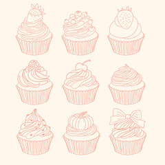 Set of vintage-style cupcake illustrations, minimalist line drawings in vector for bakeries, cafes, birthdays, cards, menus, cakes, or graphic design.
