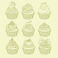 Set of vintage-style cupcake illustrations, minimalist line drawings in vector for bakeries, cafes, birthdays, cards, menus, cakes, or graphic design.