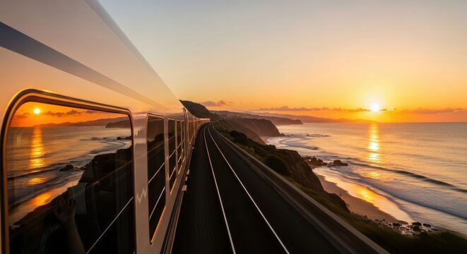 Scenic train journey along the coastline during stunning sunrise view - Powered by Adobe