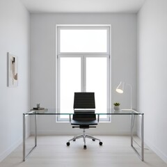 Minimalist and Modern Home Office Interior with Glass Desk, Black Office Chair, and Bright Window View