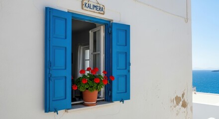 Charming Aegean Window with Blue Shutters and Vibrant Geraniums in a Pot