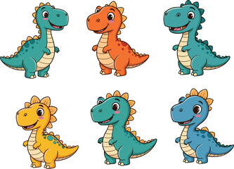 Cute cartoon dinosaurs for kids, colorful baby dino characters, smiling reptiles, vector prehistoric animals, children illustration, funny dinosaur artwork.