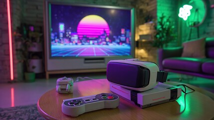 Retro gaming setup with vr headset and controller in a modern room