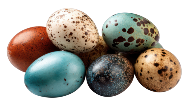 Close-up cluster of speckled eggs in various colors