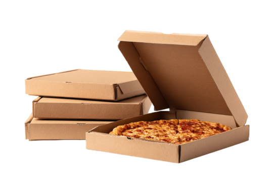 Pizza in a cardboard box.  Stacked pizza boxes