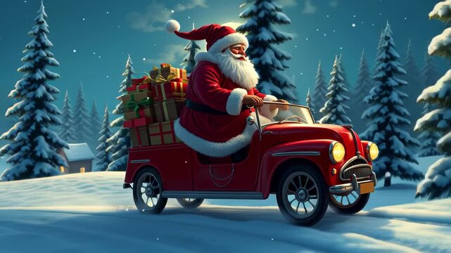 Santa Claus delivers gifts in a snowy landscape at night, driving a vintage car with presents and a full moon backdrop