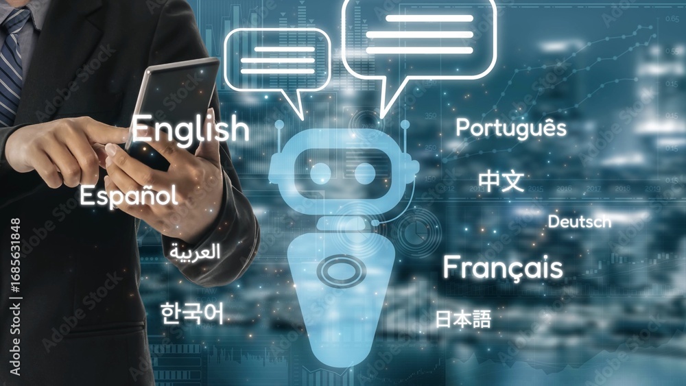 Poster global communication with multiple languages, digital translation tools, multilingual technology, cr