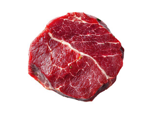 Close-up of a round, raw beefsteak.  Its surface is a deep red, showing visible marbling and texture