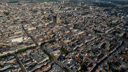 An aerial panorama view around the old town in the city Reims in France on a sunny afternoon in early spring