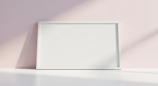 A blank white rectangular picture frame leaning against a light pink wall with sunlight shadows.
