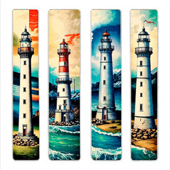 A set of four bookmarks, vertical panels with ancient lighthouses