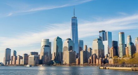 Fototapeta premium New York City skyline view with skyscrapers under the blue sky scenic landscape
