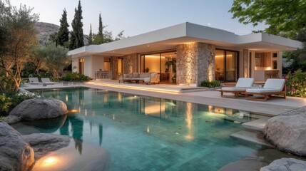 Obraz premium A modern luxury residence with large glass windows, stone elements,