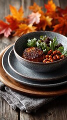 Fototapeta premium Autumn Inspired Gourmet Dish with Maple Leaves and Rustic Table Setting