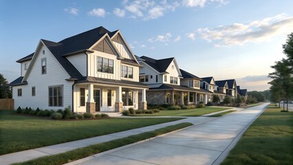 Row of New Modern Farmhouse Style Homes in Suburban Neighborhood at Sunset