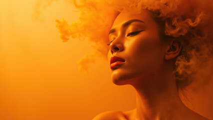 Ethereal beauty with vibrant orange tones, showcasing woman with curly hair and striking makeup, exuding confidence and serenity