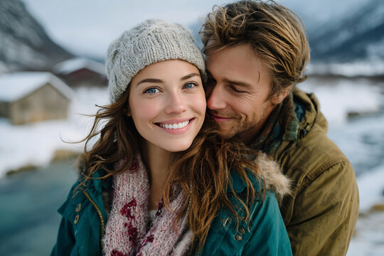 Happy couple embraces outdoors in winter clothing with snowy mountains and cabins in background, sharing warm intimate moment - Powered by Adobe