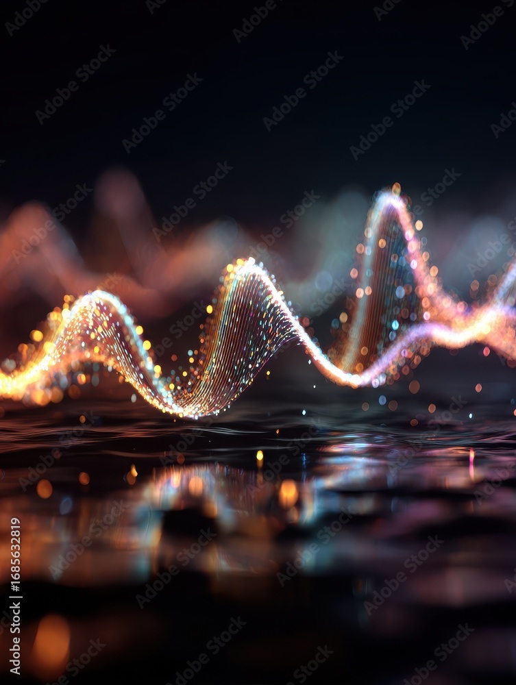 Poster generative ai abstract visualization of colorful sound waves and acoustic data flow with glowing par