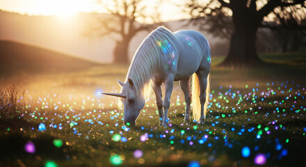 A majestic white unicorn with a glowing horn grazes in a magical field filled with colorful sparkling lights at sunset.