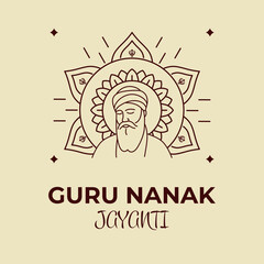 Guru Nanak Jayanti Line Art. Happy Guru Nanak Jayanti Greeting Card.India Hindu Sikh celebrating birthday of Guru Nanak. Vector Illustration