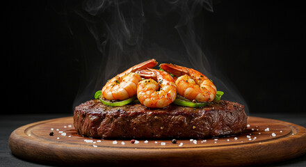 A premium cut of sizzling grilled steak, perfectly cooked, adorned with succulent shrimp and fresh seasoning, ready to be savored