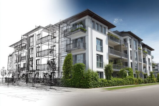 Architectural rendering of a modern apartment building.