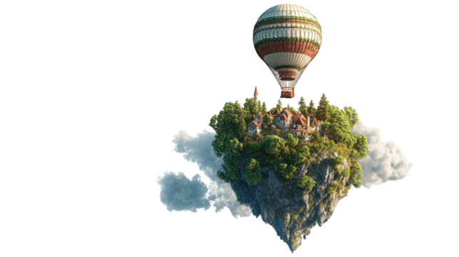 Floating island with hot air balloon
