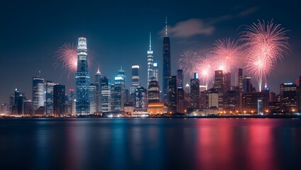 Fototapeta premium Christmas theme, Modern city skyline decorated with Christmas lights and fireworks