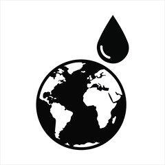 Black and white simple graphic of planet earth with a single drop of liquid above it