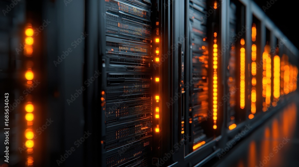 Poster closeup of server racks with glowing orange lights dark metallic server cabinets rows of drives and 